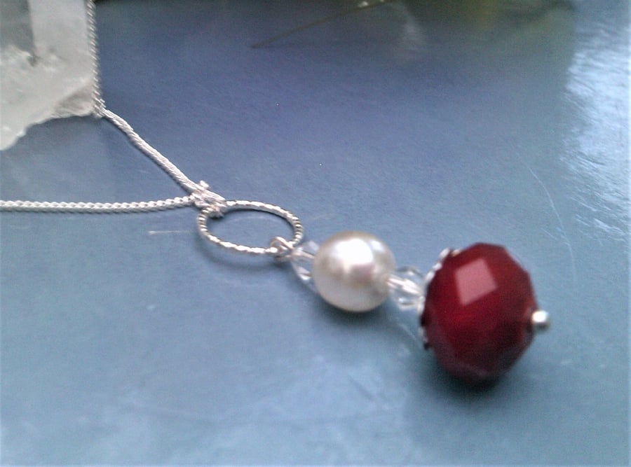 Red and White Pearl Crystal Necklace, Womens Necklace Gift