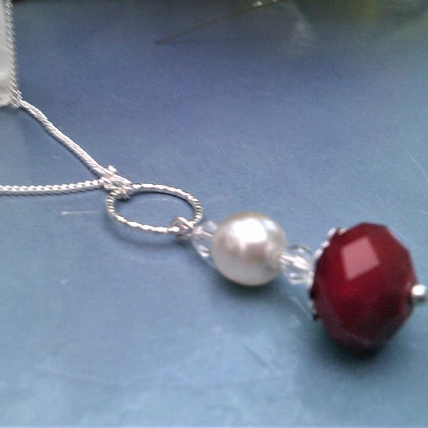 Red and White Pearl Crystal Necklace, Womens Necklace Gift
