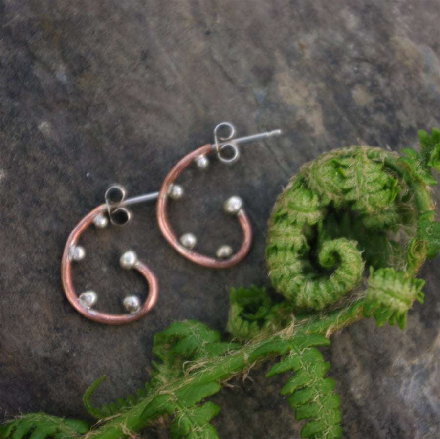 Copper and Silver Open Hoop Fern Frond Stud  Earrings