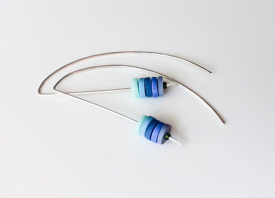 Blue Tiny Disc Beaded Long Wire Earrings, Contemporary Jewellery
