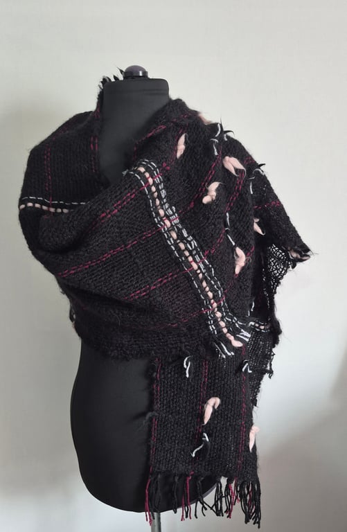 32.Handwoven Black Faux Mohair Shawl in Plain Weave with Stripes and Bows.