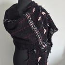 32.Handwoven Black Faux Mohair Shawl in Plain Weave with Stripes and Bows.