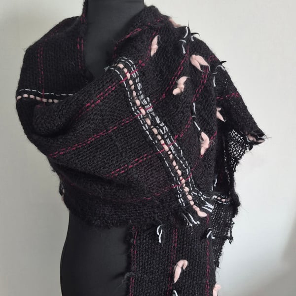 32.Handwoven Black Faux Mohair Shawl in Plain Weave with Stripes and Bows.