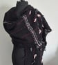 32.Handwoven Black Faux Mohair Shawl in Plain Weave with Stripes and Bows.