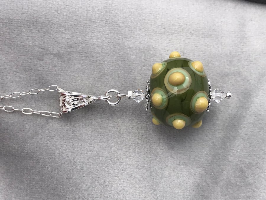 green and yellow bumpy lampwork glass pendant and earring set