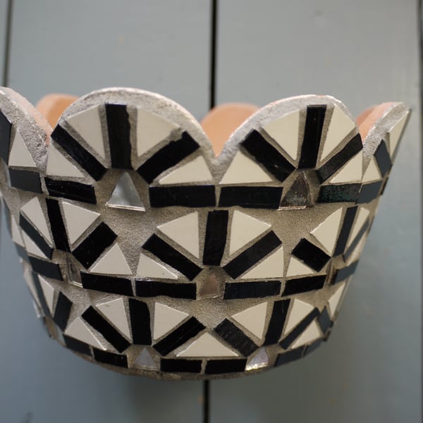 black and white design mosaic pot