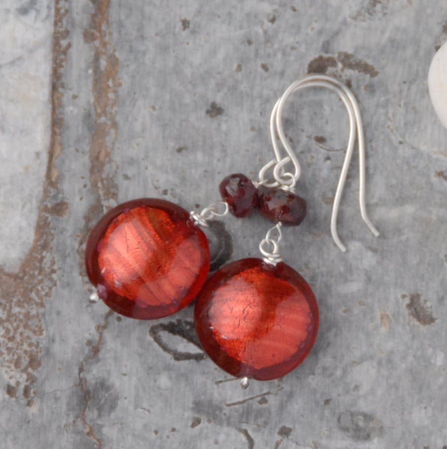 Red murano glass bead and sterling silver earrings
