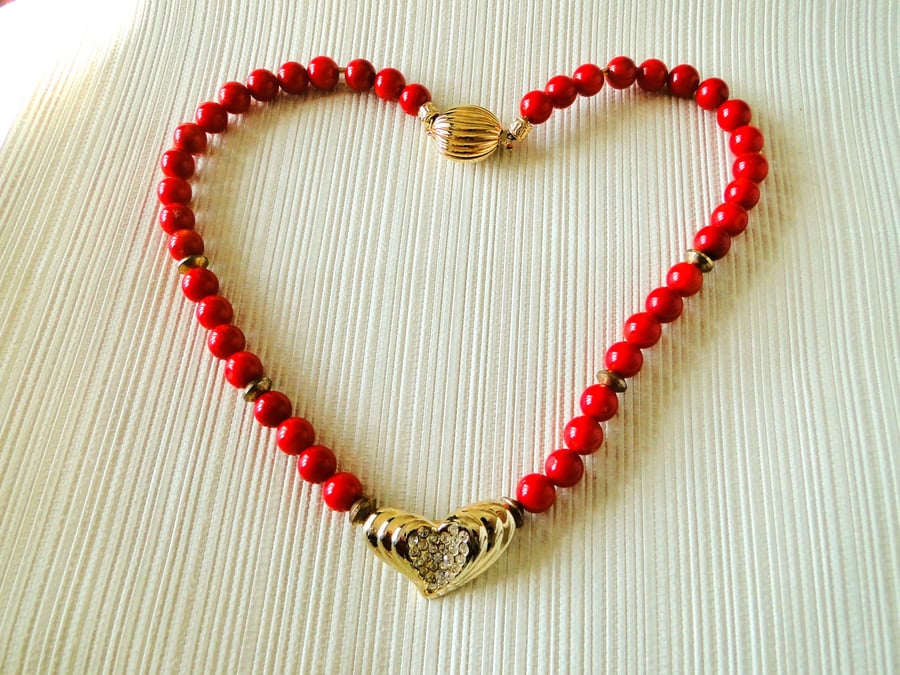 Summer Seconds - Red bead necklace with recycled centre heart Gold and crystal 