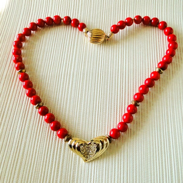 Summer Seconds - Red bead necklace with recycled centre heart Gold and crystal 