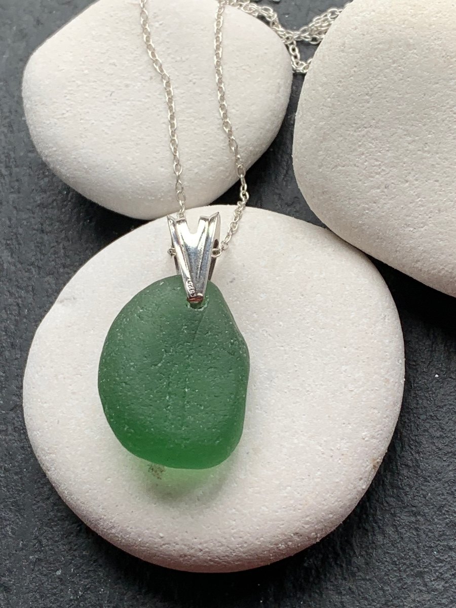 Dark green seaglass and Sterling silver pendant