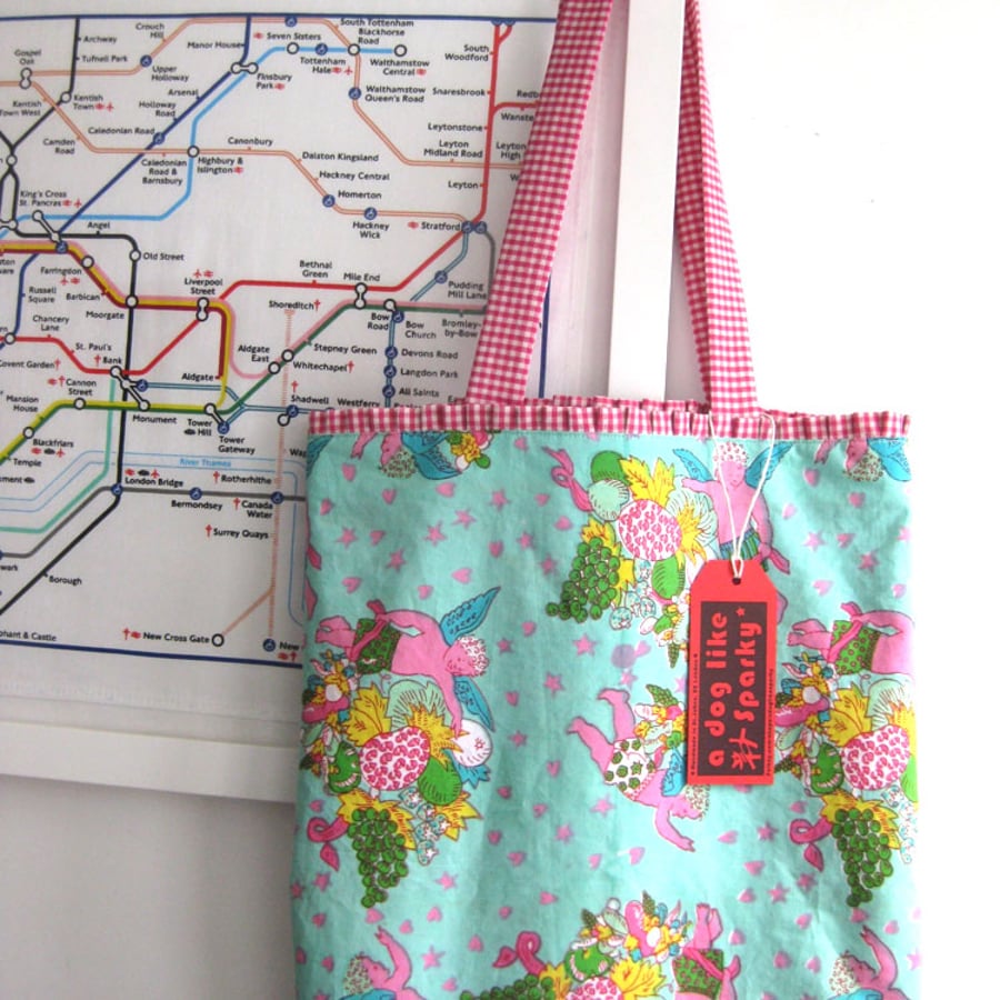  Large Summer Bag, Colourful 'Cherub' Vintage Print Cotton, Frilly Gingham 