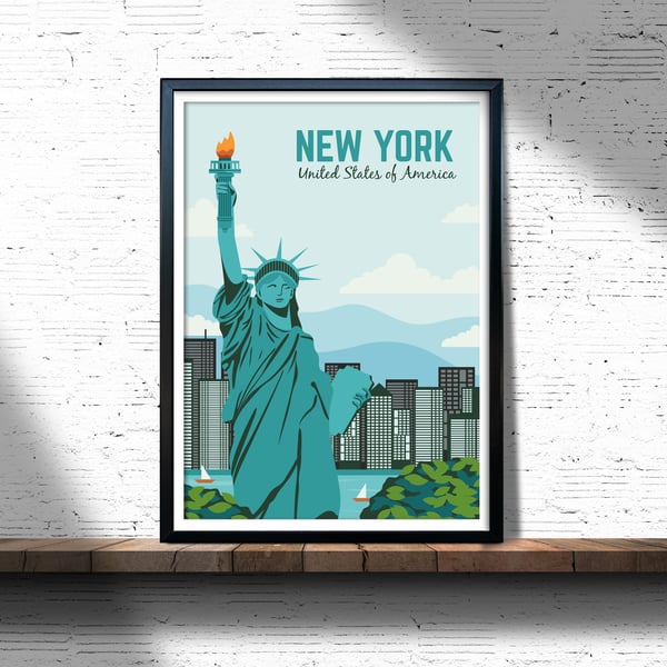New York retro travel poster, New York travel print, USA travel art
