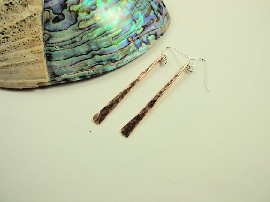 Earrings, Hammered Bronze Dropper with Sterling Silver