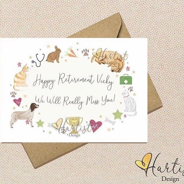 Personalised Vet Animal Veterinary Nurse Doc card, illustrated and hand finished