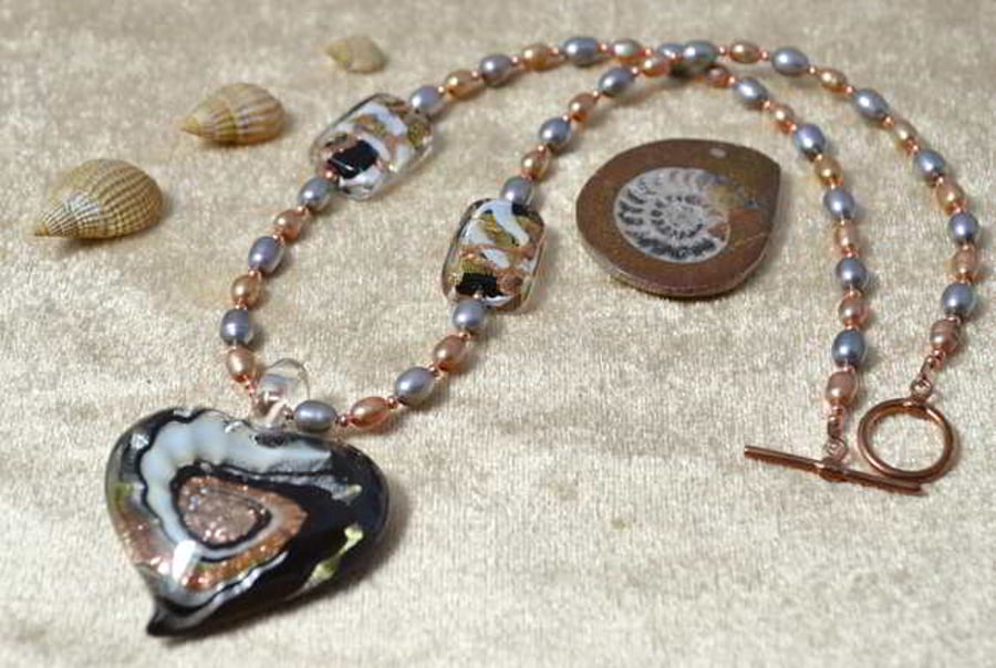 Pearl & Murano Glass Heart Necklace
