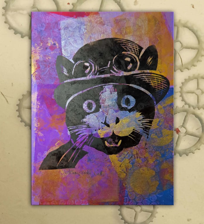 Steampunk Cat One off Hand-Pulled Linocut & Gelli Print Purple