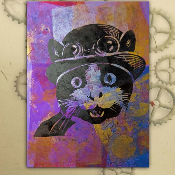 Steampunk Cat One off Hand-Pulled Linocut & Gelli Print Purple