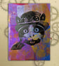 Steampunk Cat One off Hand-Pulled Linocut & Gelli Print Purple