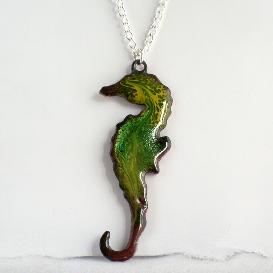 pendant - seahorse: scrolled yellow on green over clear