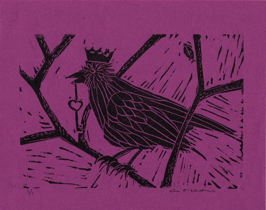 Key to your Heart - Lino printed in black on cerise pink backbround