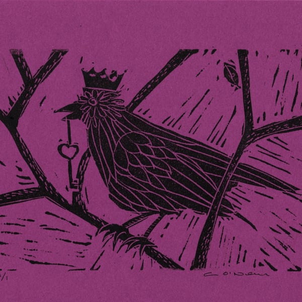 Key to your Heart - Lino printed in black on cerise pink backbround