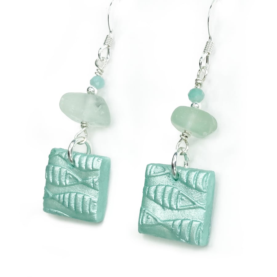 Fish Shoal Dangly Earrings - Green Sea Glass and Amazonite Sterling Silver