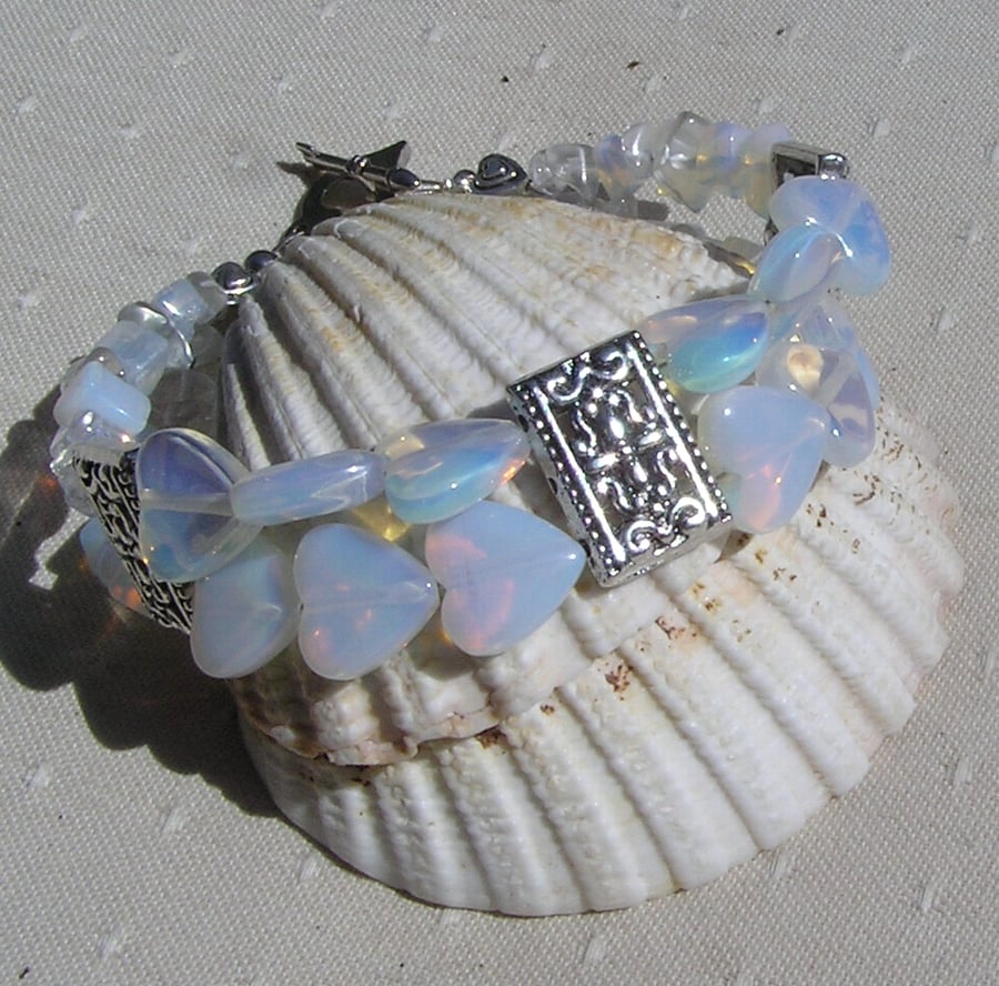 Opalite Crystal Gemstone Beaded Heart Bracelet "Whisper"