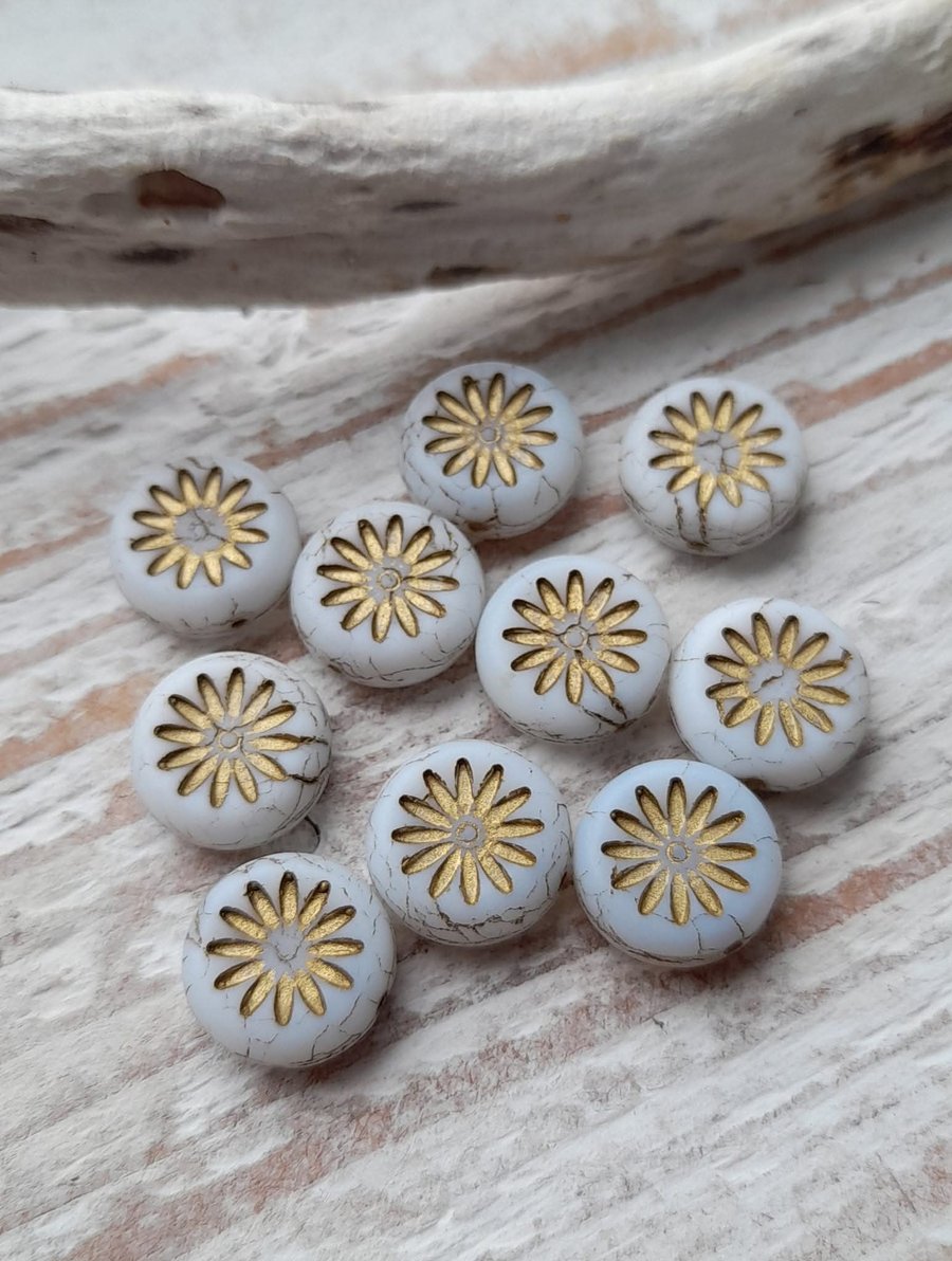 Czech white daisy coin beads, set of 10