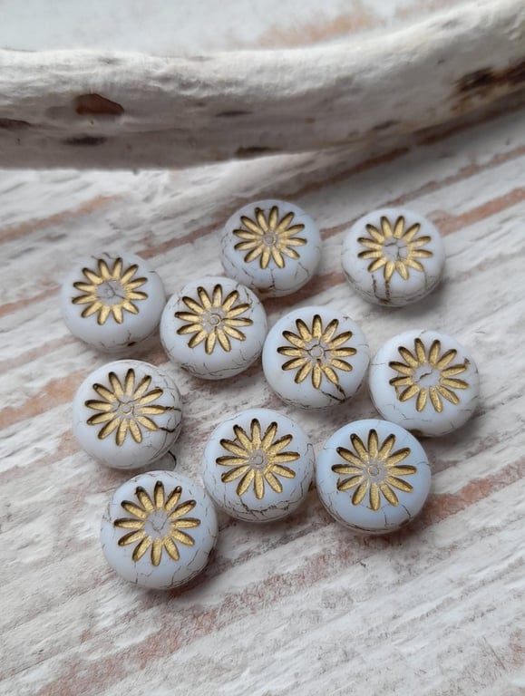 Czech white daisy coin beads, set of 10