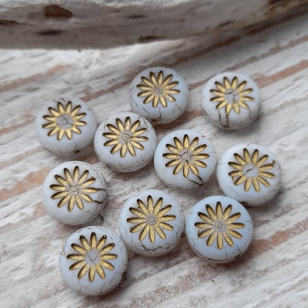Czech white daisy coin beads, set of 10