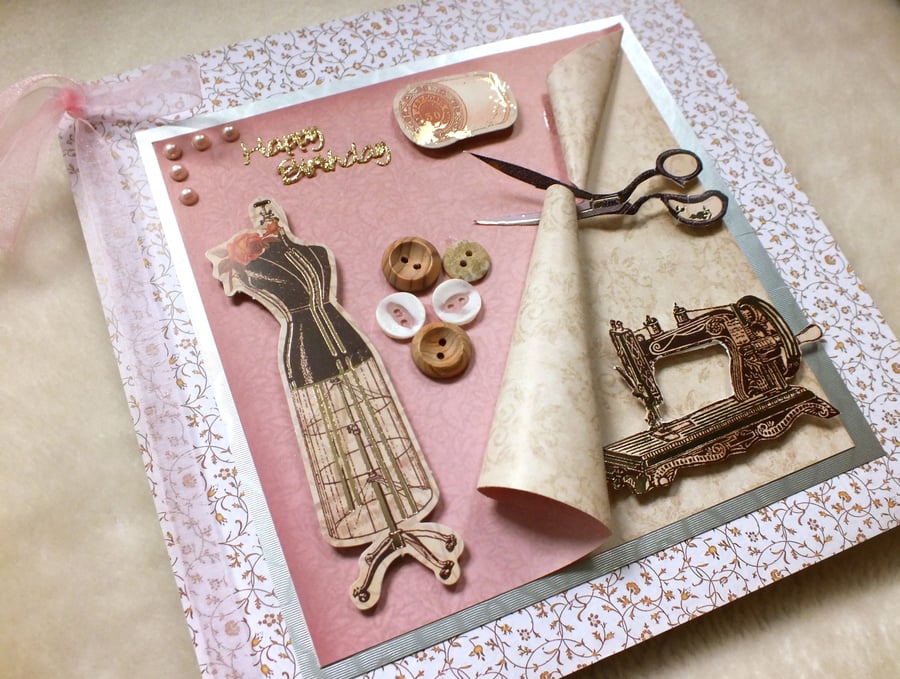 Luxury Handmade Sewing Theme Birthday Card