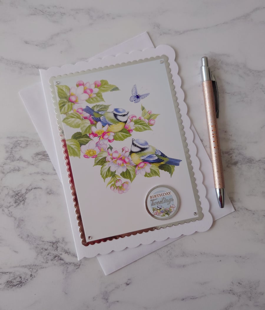 Birthday Tweetings Garden Blue Tits Birds Flowers 3D Luxury Handmade Card