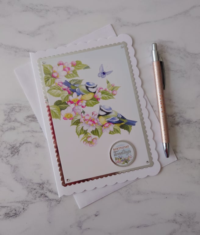 Birthday Tweetings Garden Blue Tits Birds Flowers 3D Luxury Handmade Card