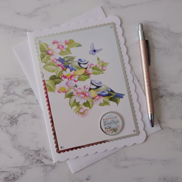 Birthday Tweetings Garden Blue Tits Birds Flowers 3D Luxury Handmade Card