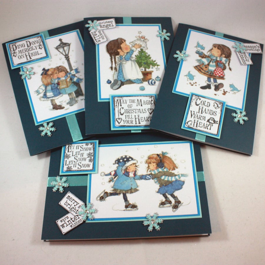 Pack of 4 handmade Christmas cards - Christmas girls