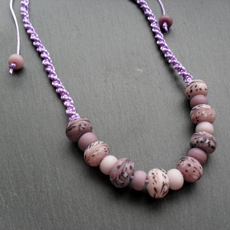 Macram'e Knotted NecklaceWith Glass Beads Mauve and Lilac Non Metal