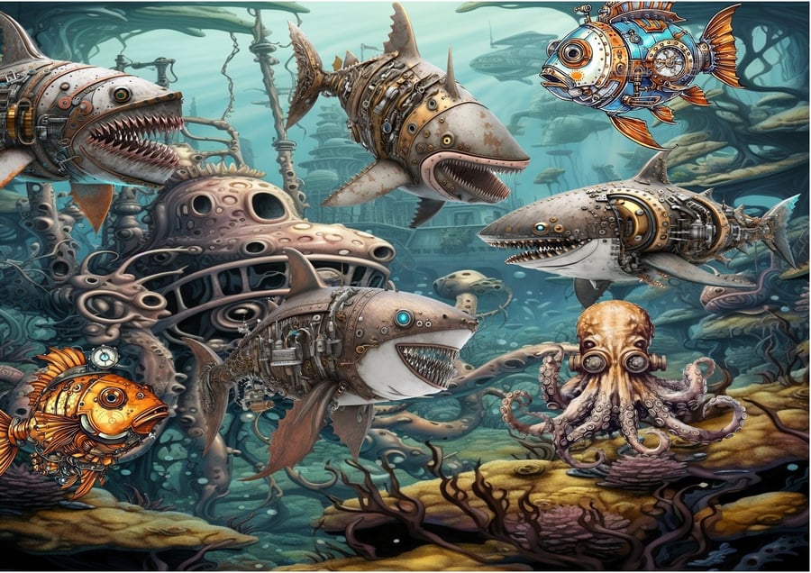 A4 steampunk shark poster 