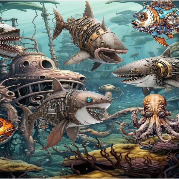 A4 steampunk shark poster 