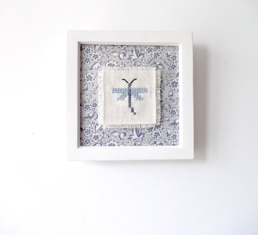 Blue Cross Stitched Dragonfly Framed Picture  With Vintage Floral Fabric Backing