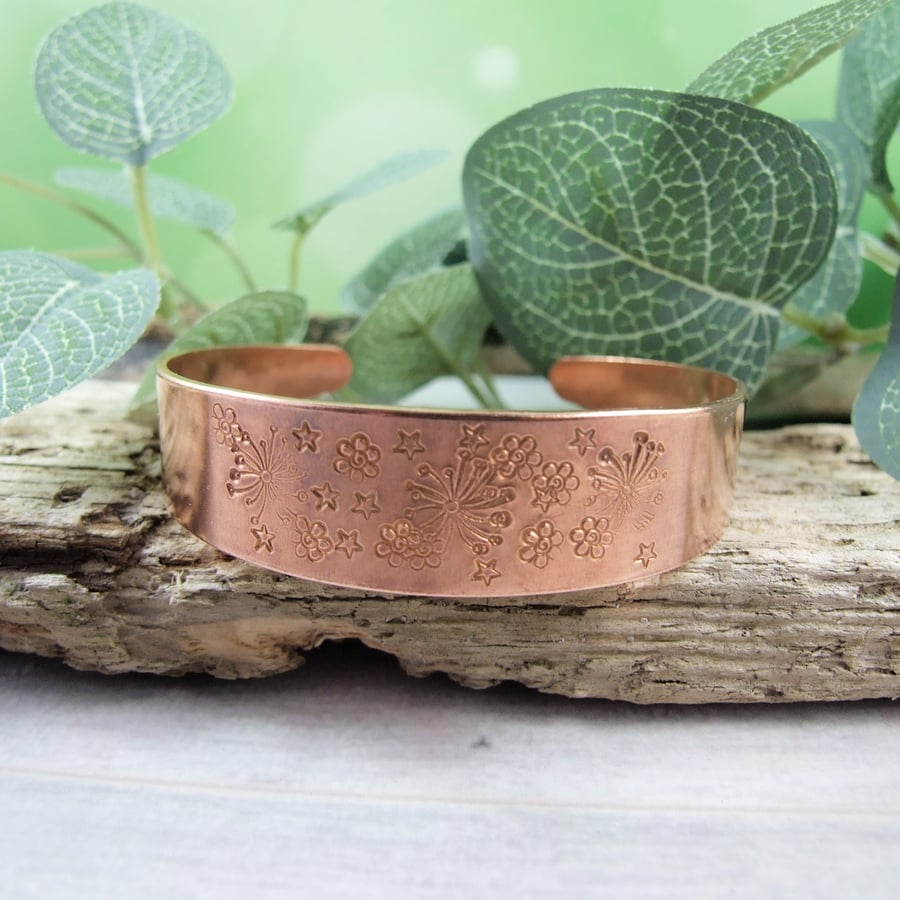 Copper Cuff. Hand Stamped Floral Pattern, Antiqued Finish, Size Medium