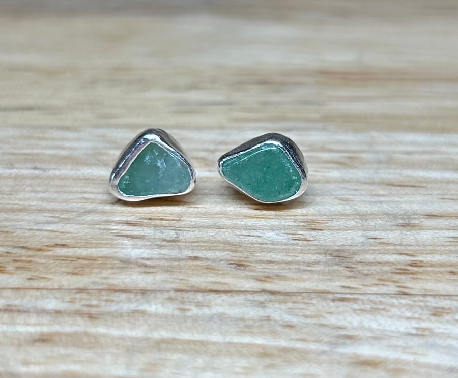 Handmade Sterling Silver Stud Earrings With Green Aventurine Gemstone Crystals