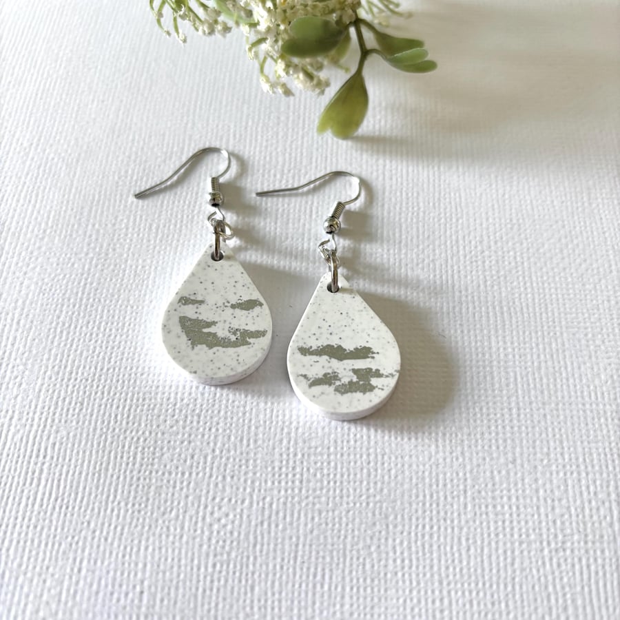 White Modern Teardrop: Earrings, Eco Resin Clay, Geometric Jewellery