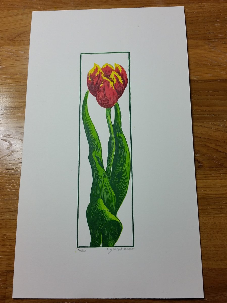 original limited edition reduction linocut - Tulip
