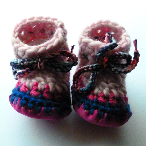 Wool & leather baby boots -pink & navy - 6-12 months
