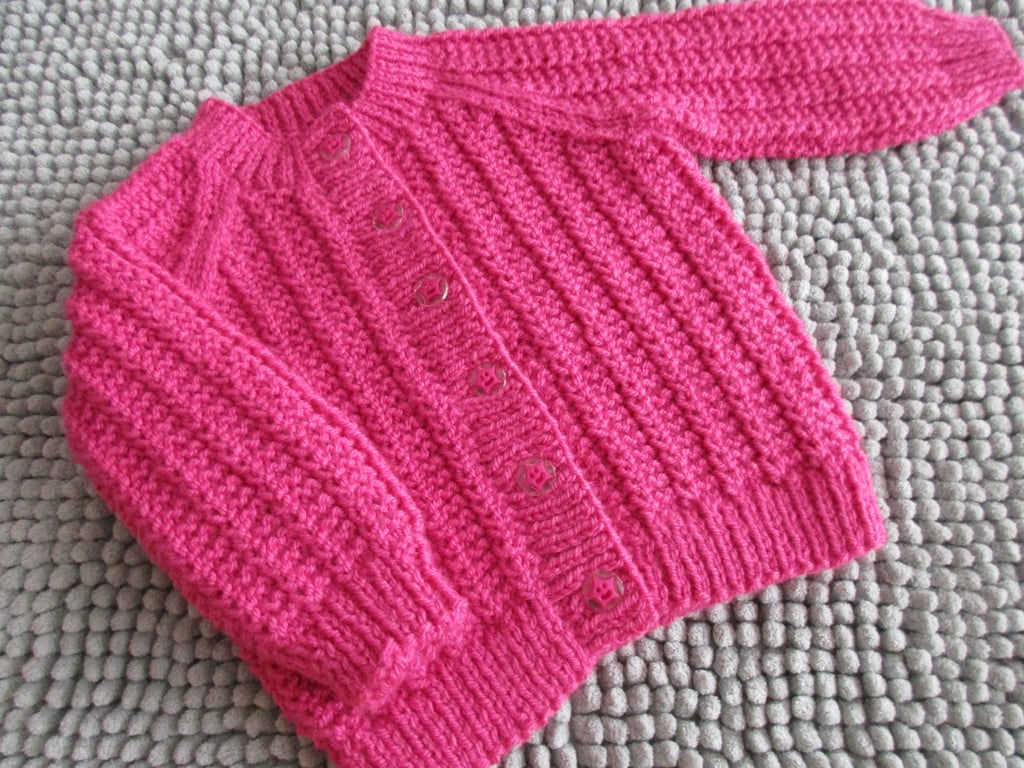 18" Fuchsia Round Neck Patterned Baby Cardigan