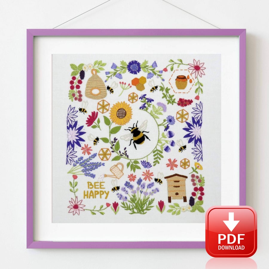 Bees and Blossoms Hand Embroidery PDF Pattern