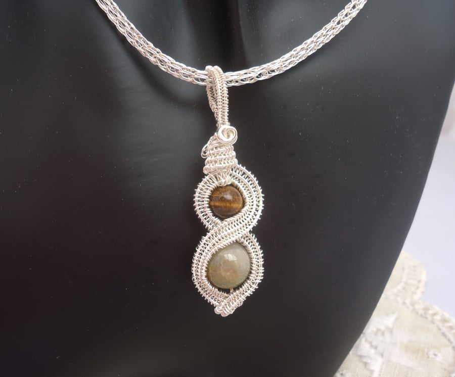 Tiger's Eye and Agate Wire Wrapped Pendant, Viking Knit Chain with Pendant