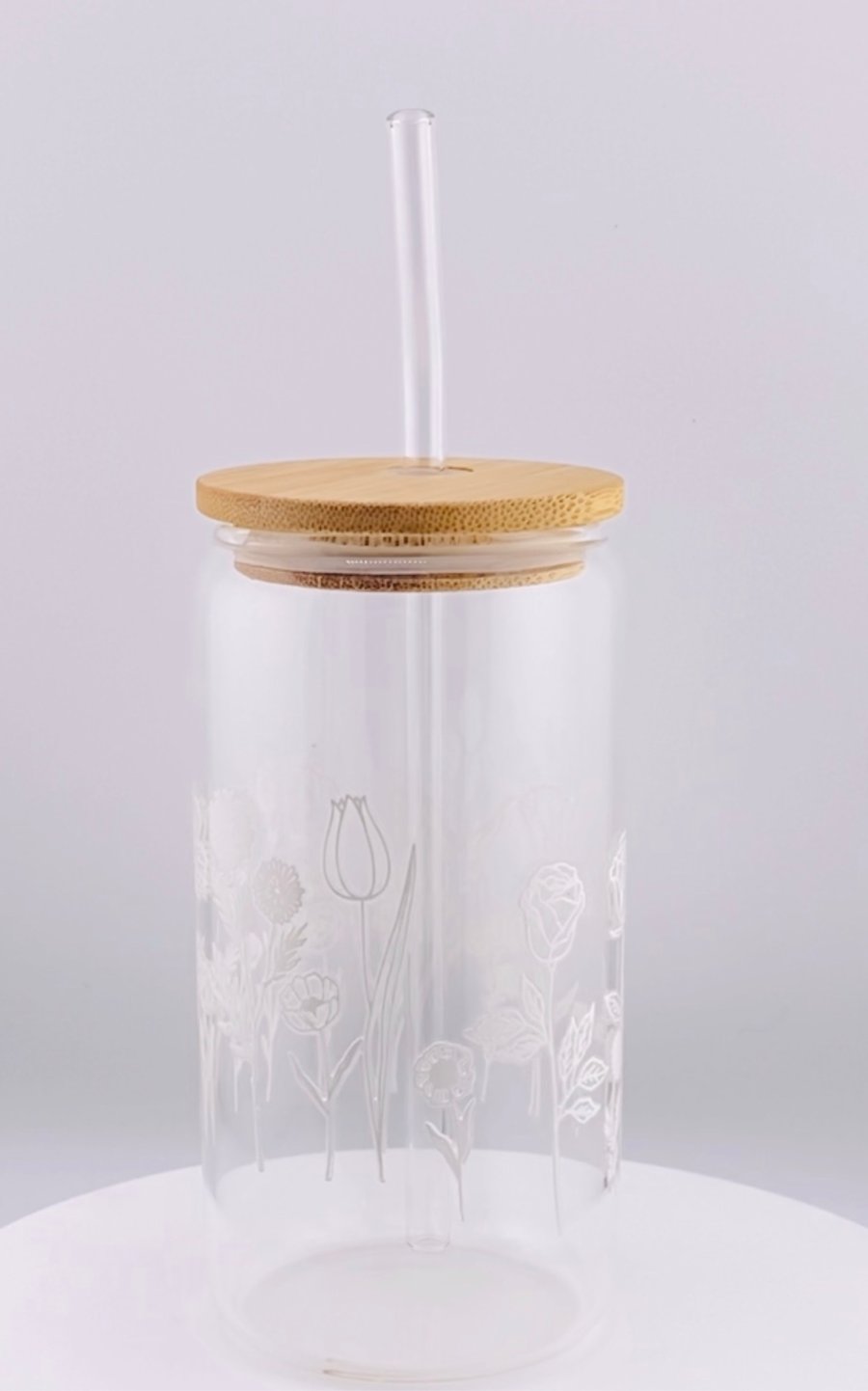 White Flower Glass Tumbler with Glass Straw