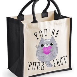 You're Purrfect Midi Jute Shopper Canvas Bag Cute Cat Design Anniversary 