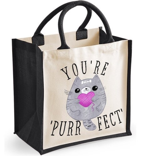You're Purrfect Midi Jute Shopper Canvas Bag Cute Cat Design Anniversary 